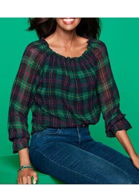 Talbots Tartan Popover Blouse Medium Green Chiffon Preppy Peasant Top